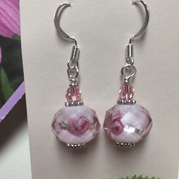 cocovalli handmade Jewelry - Pink flower faceted earrings with Swarovski silver